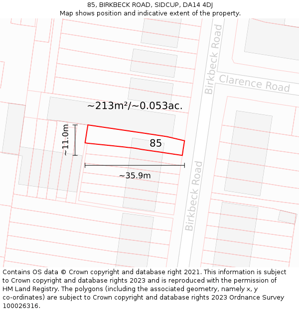 85, BIRKBECK ROAD, SIDCUP, DA14 4DJ: Plot and title map