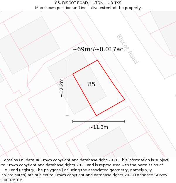 85, BISCOT ROAD, LUTON, LU3 1XS: Plot and title map
