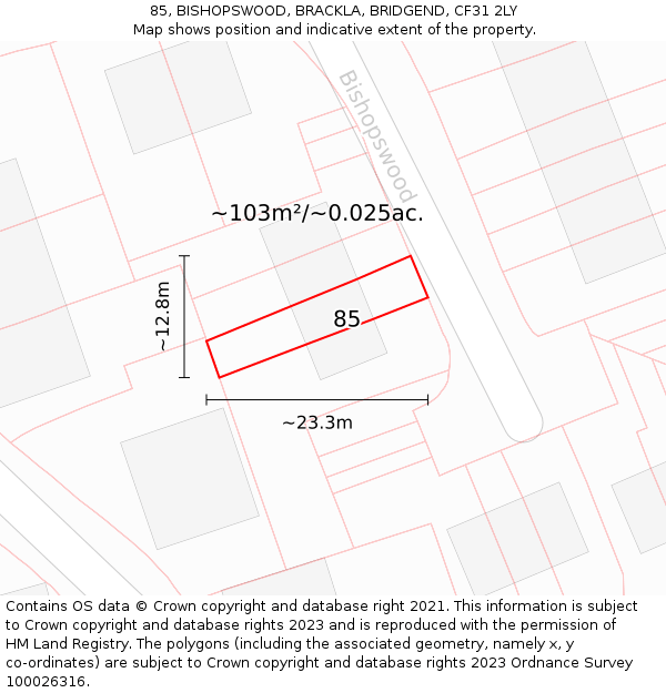 85, BISHOPSWOOD, BRACKLA, BRIDGEND, CF31 2LY: Plot and title map