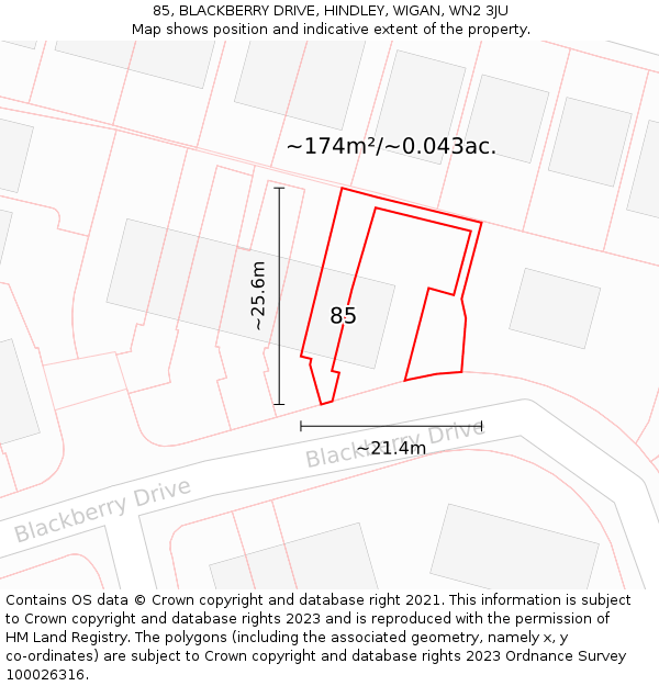 85, BLACKBERRY DRIVE, HINDLEY, WIGAN, WN2 3JU: Plot and title map