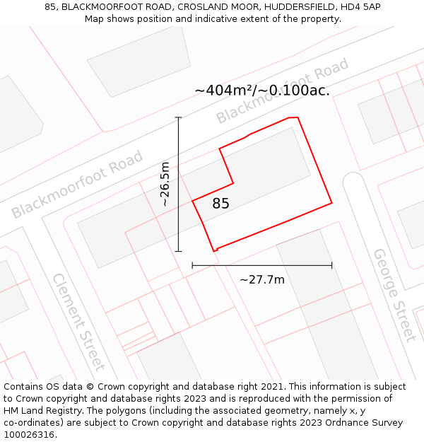 85, BLACKMOORFOOT ROAD, CROSLAND MOOR, HUDDERSFIELD, HD4 5AP: Plot and title map