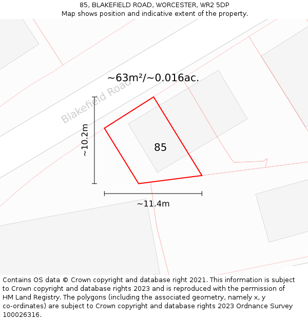 85, BLAKEFIELD ROAD, WORCESTER, WR2 5DP: Plot and title map