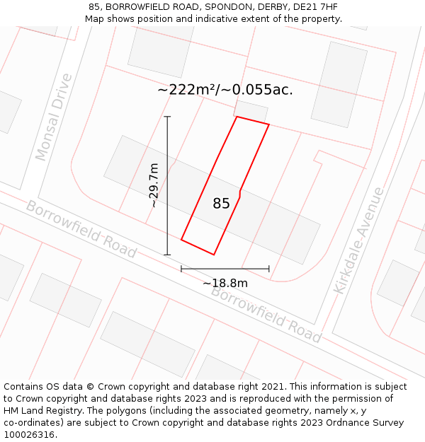 85, BORROWFIELD ROAD, SPONDON, DERBY, DE21 7HF: Plot and title map