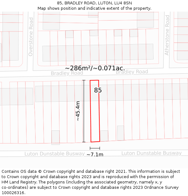 85, BRADLEY ROAD, LUTON, LU4 8SN: Plot and title map
