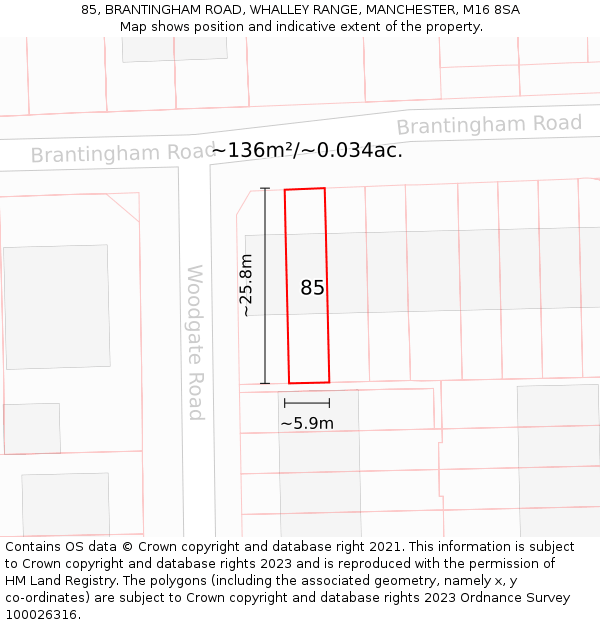 85, BRANTINGHAM ROAD, WHALLEY RANGE, MANCHESTER, M16 8SA: Plot and title map