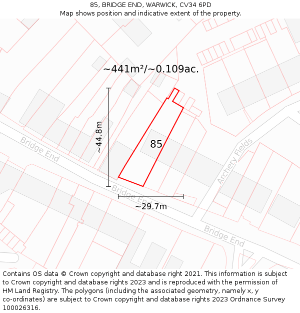 85, BRIDGE END, WARWICK, CV34 6PD: Plot and title map