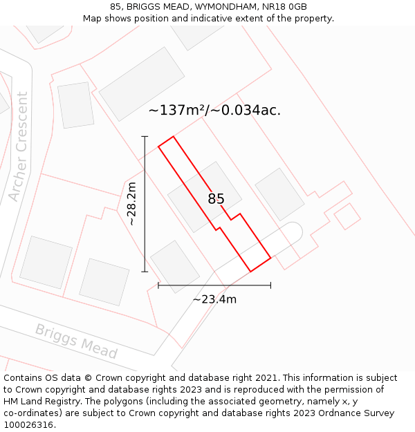 85, BRIGGS MEAD, WYMONDHAM, NR18 0GB: Plot and title map
