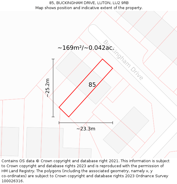 85, BUCKINGHAM DRIVE, LUTON, LU2 9RB: Plot and title map