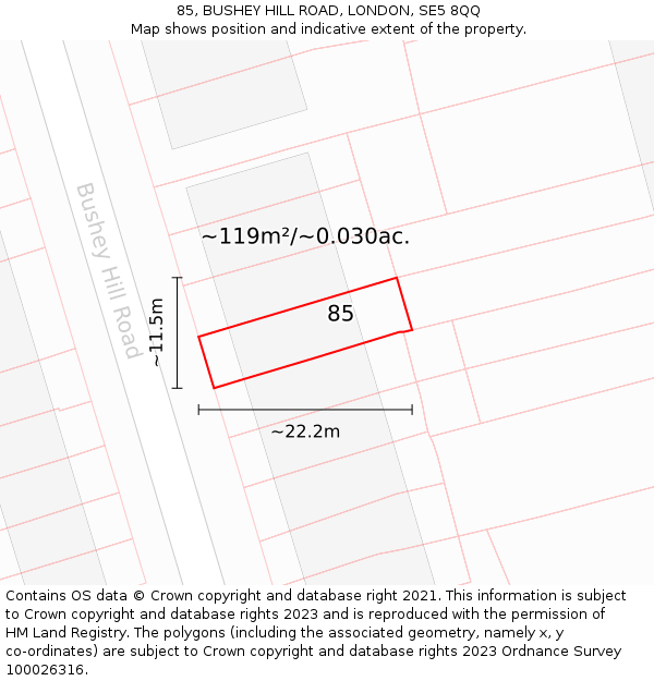 85, BUSHEY HILL ROAD, LONDON, SE5 8QQ: Plot and title map