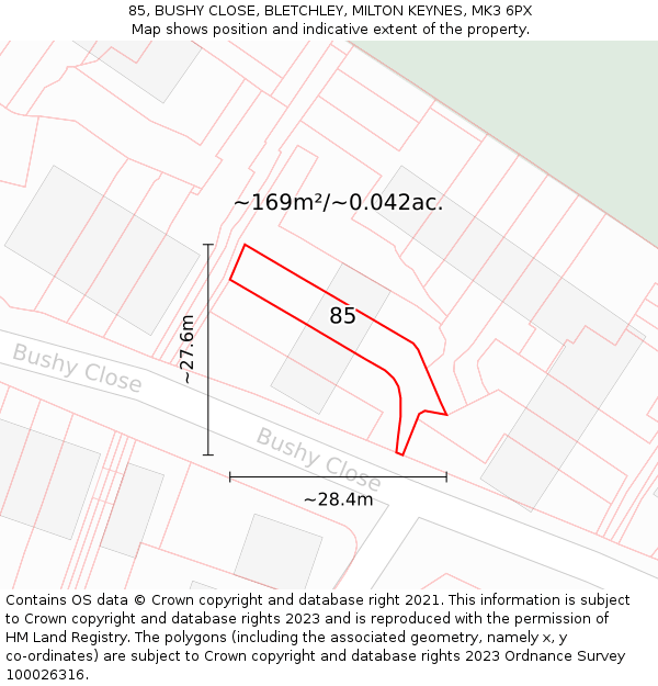 85, BUSHY CLOSE, BLETCHLEY, MILTON KEYNES, MK3 6PX: Plot and title map