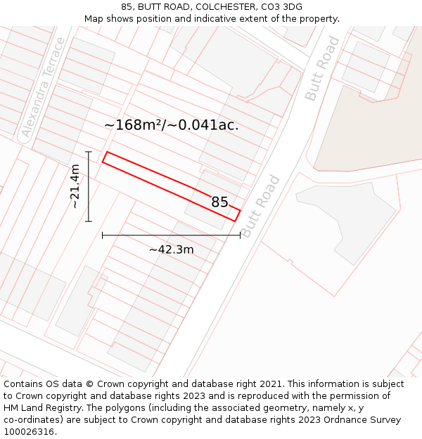 85, BUTT ROAD, COLCHESTER, CO3 3DG: Plot and title map