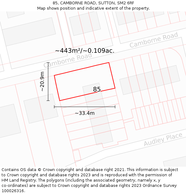 85, CAMBORNE ROAD, SUTTON, SM2 6RF: Plot and title map
