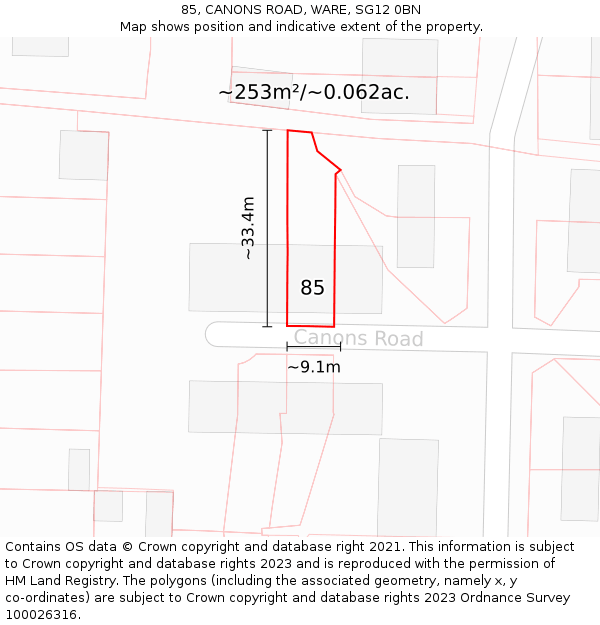 85, CANONS ROAD, WARE, SG12 0BN: Plot and title map