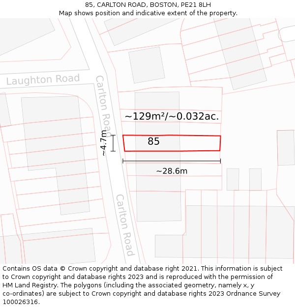 85, CARLTON ROAD, BOSTON, PE21 8LH: Plot and title map