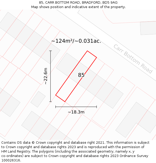 85, CARR BOTTOM ROAD, BRADFORD, BD5 9AG: Plot and title map