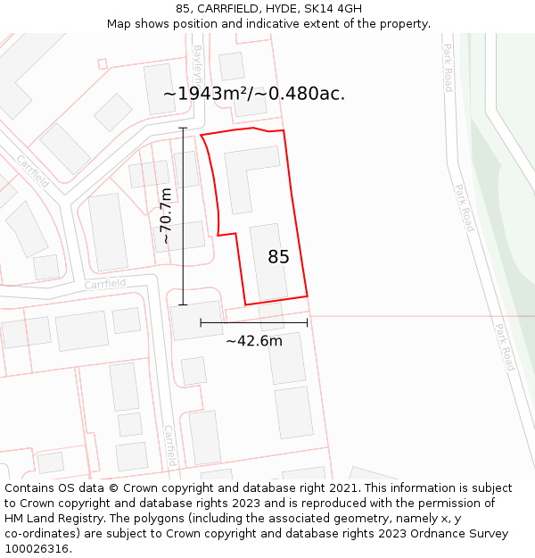 85, CARRFIELD, HYDE, SK14 4GH: Plot and title map