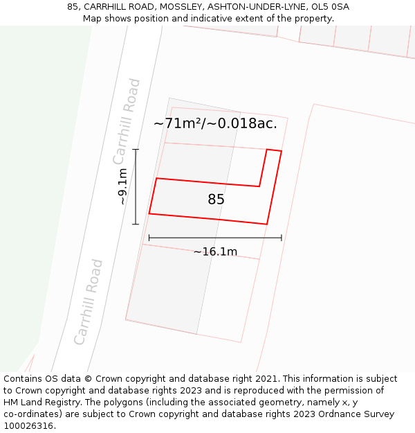 85, CARRHILL ROAD, MOSSLEY, ASHTON-UNDER-LYNE, OL5 0SA: Plot and title map