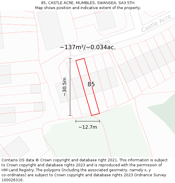 85, CASTLE ACRE, MUMBLES, SWANSEA, SA3 5TH: Plot and title map