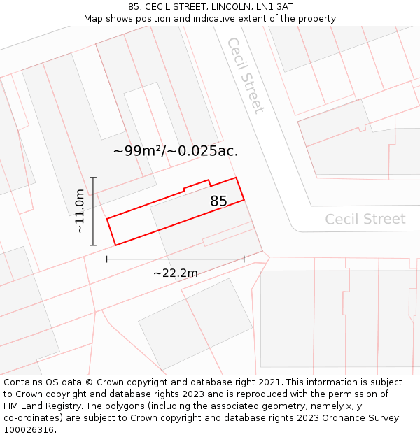 85, CECIL STREET, LINCOLN, LN1 3AT: Plot and title map