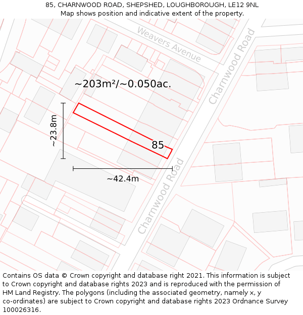85, CHARNWOOD ROAD, SHEPSHED, LOUGHBOROUGH, LE12 9NL: Plot and title map