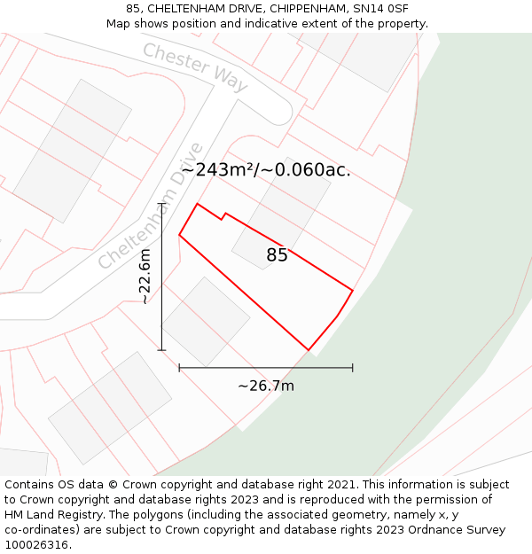 85, CHELTENHAM DRIVE, CHIPPENHAM, SN14 0SF: Plot and title map