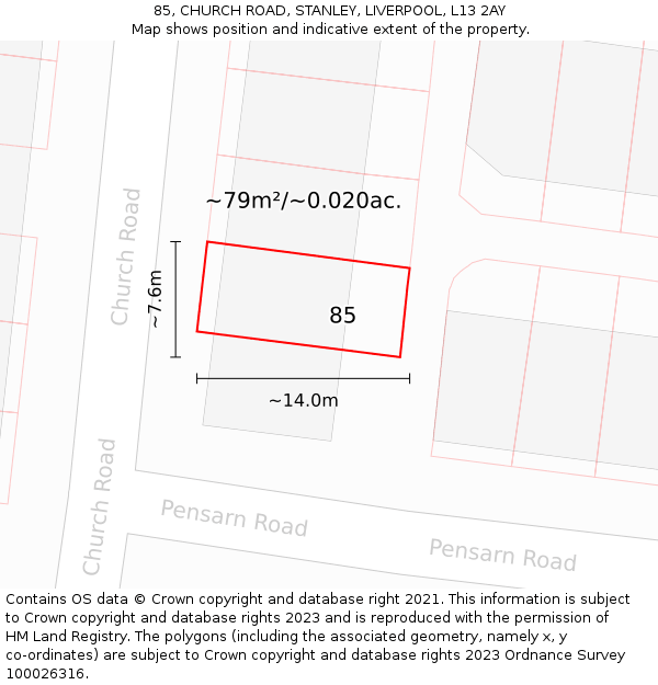 85, CHURCH ROAD, STANLEY, LIVERPOOL, L13 2AY: Plot and title map