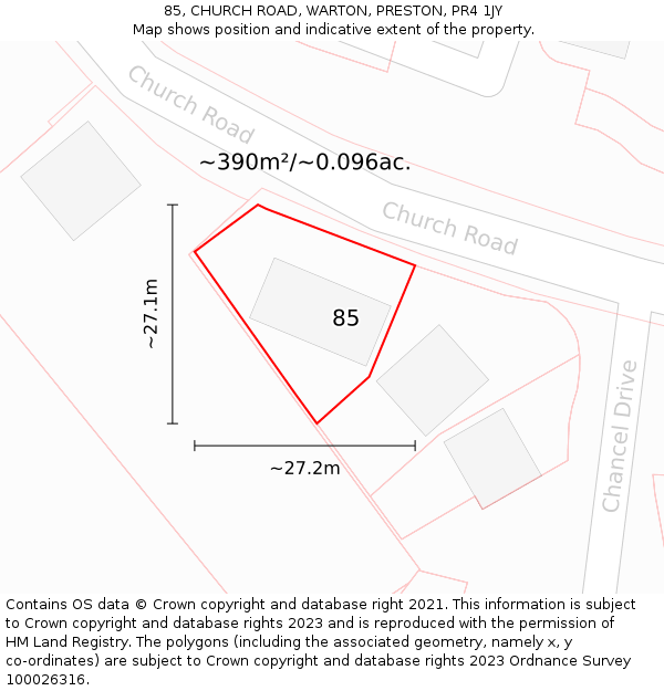 85, CHURCH ROAD, WARTON, PRESTON, PR4 1JY: Plot and title map