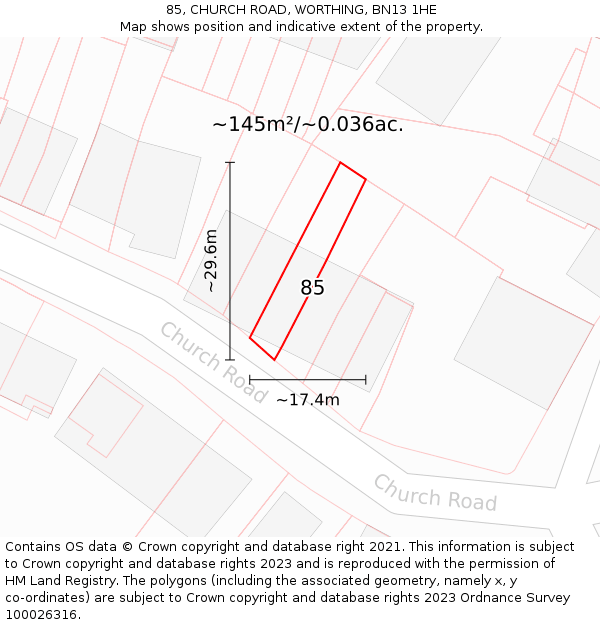 85, CHURCH ROAD, WORTHING, BN13 1HE: Plot and title map