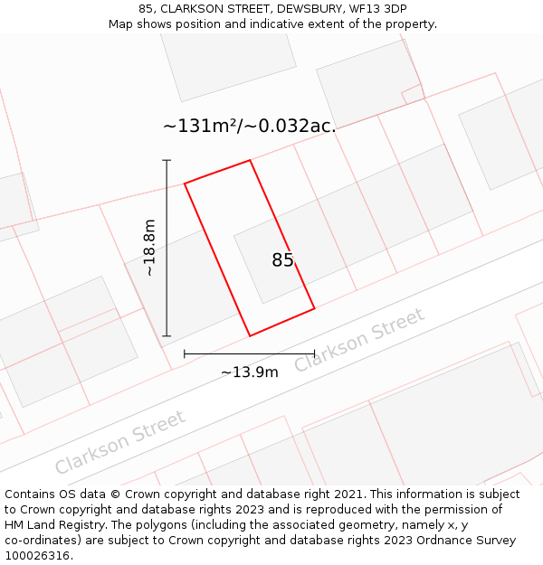 85, CLARKSON STREET, DEWSBURY, WF13 3DP: Plot and title map