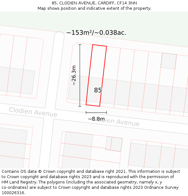 85, CLODIEN AVENUE, CARDIFF, CF14 3NN: Plot and title map
