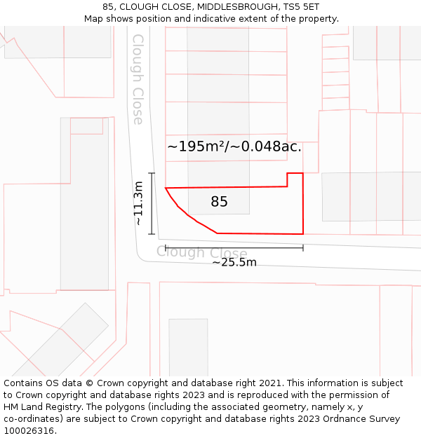 85, CLOUGH CLOSE, MIDDLESBROUGH, TS5 5ET: Plot and title map