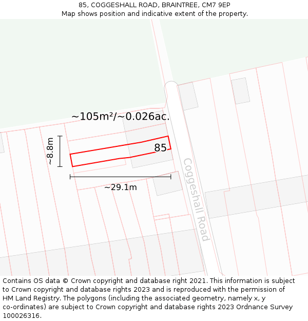 85, COGGESHALL ROAD, BRAINTREE, CM7 9EP: Plot and title map