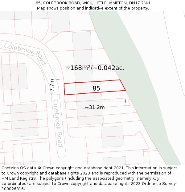 85, COLEBROOK ROAD, WICK, LITTLEHAMPTON, BN17 7NU: Plot and title map