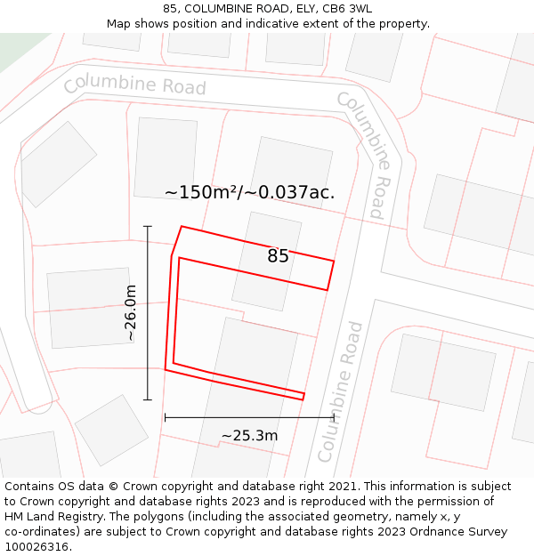 85, COLUMBINE ROAD, ELY, CB6 3WL: Plot and title map