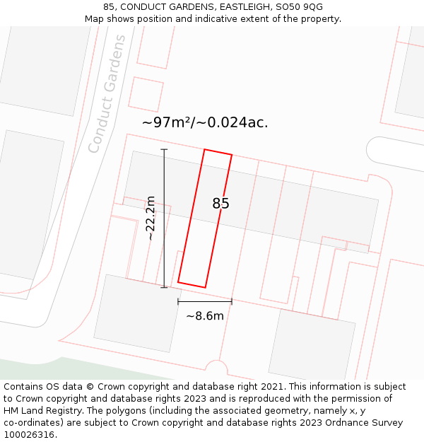 85, CONDUCT GARDENS, EASTLEIGH, SO50 9QG: Plot and title map