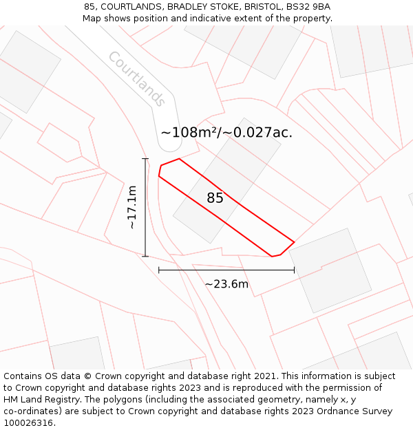 85, COURTLANDS, BRADLEY STOKE, BRISTOL, BS32 9BA: Plot and title map