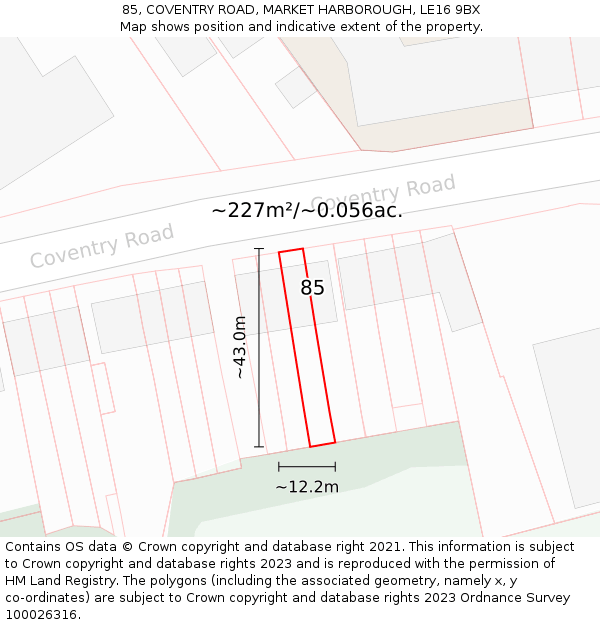 85, COVENTRY ROAD, MARKET HARBOROUGH, LE16 9BX: Plot and title map