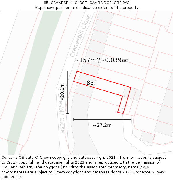 85, CRANESBILL CLOSE, CAMBRIDGE, CB4 2YQ: Plot and title map