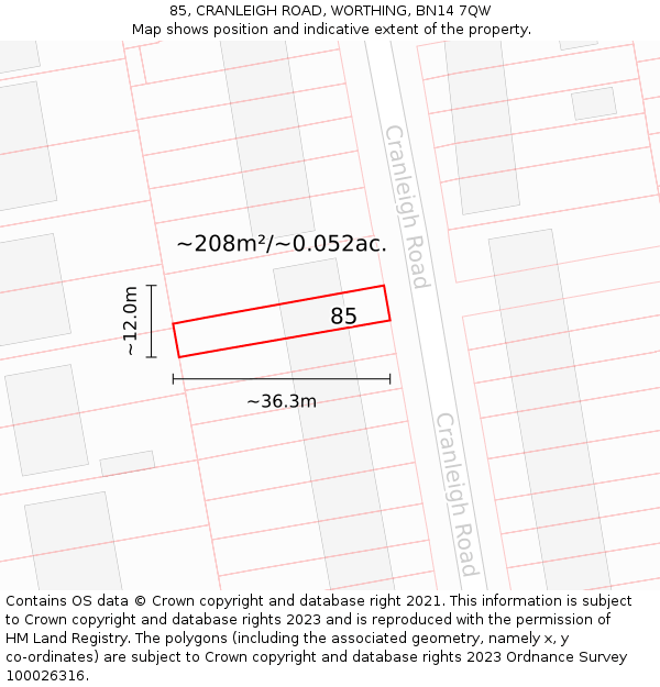 85, CRANLEIGH ROAD, WORTHING, BN14 7QW: Plot and title map