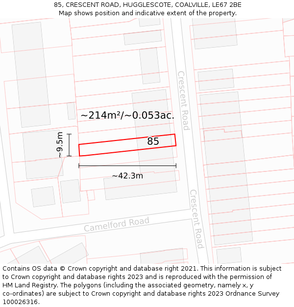 85, CRESCENT ROAD, HUGGLESCOTE, COALVILLE, LE67 2BE: Plot and title map