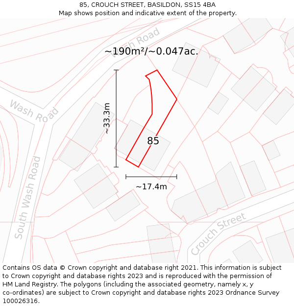 85, CROUCH STREET, BASILDON, SS15 4BA: Plot and title map