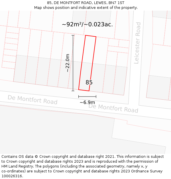 85, DE MONTFORT ROAD, LEWES, BN7 1ST: Plot and title map