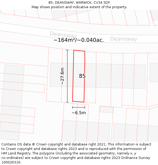 85, DEANSWAY, WARWICK, CV34 5DF: Plot and title map