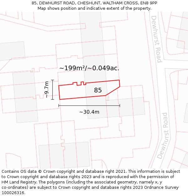 85, DEWHURST ROAD, CHESHUNT, WALTHAM CROSS, EN8 9PP: Plot and title map