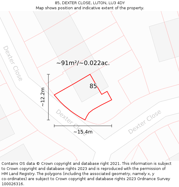 85, DEXTER CLOSE, LUTON, LU3 4DY: Plot and title map
