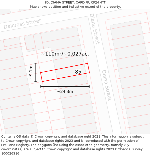 85, DIANA STREET, CARDIFF, CF24 4TT: Plot and title map