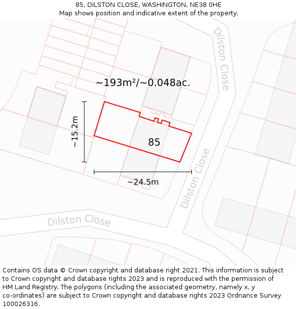 85, DILSTON CLOSE, WASHINGTON, NE38 0HE: Plot and title map