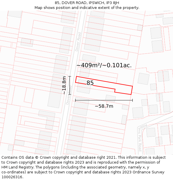 85, DOVER ROAD, IPSWICH, IP3 8JH: Plot and title map