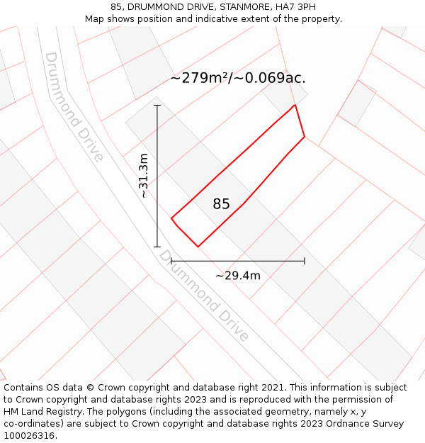 85, DRUMMOND DRIVE, STANMORE, HA7 3PH: Plot and title map