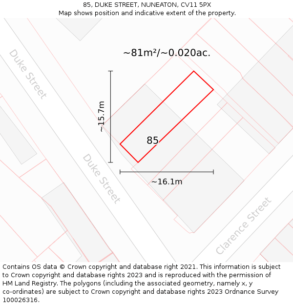 85, DUKE STREET, NUNEATON, CV11 5PX: Plot and title map